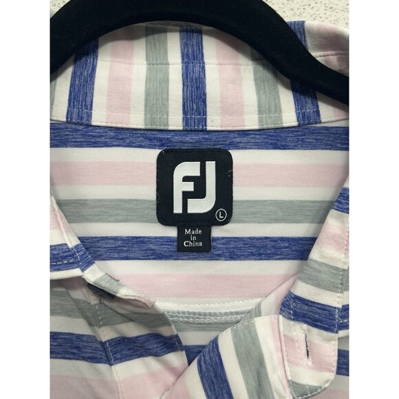 FootJoy FJ Dri Fit Performance Polo Shirt Mens Large Stripe No Wrinkle Blue Pink - Picture 5 of 6